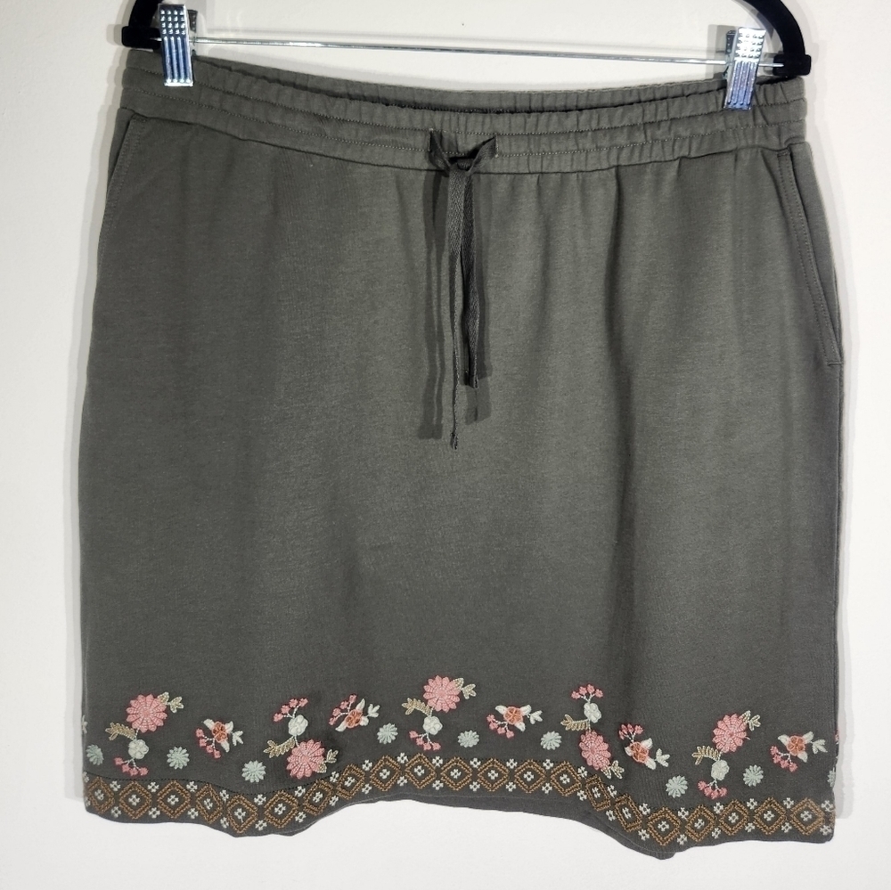 J Jill Embroidered Floral Skirt Womens Medium Green Summer Forest Camp Mom